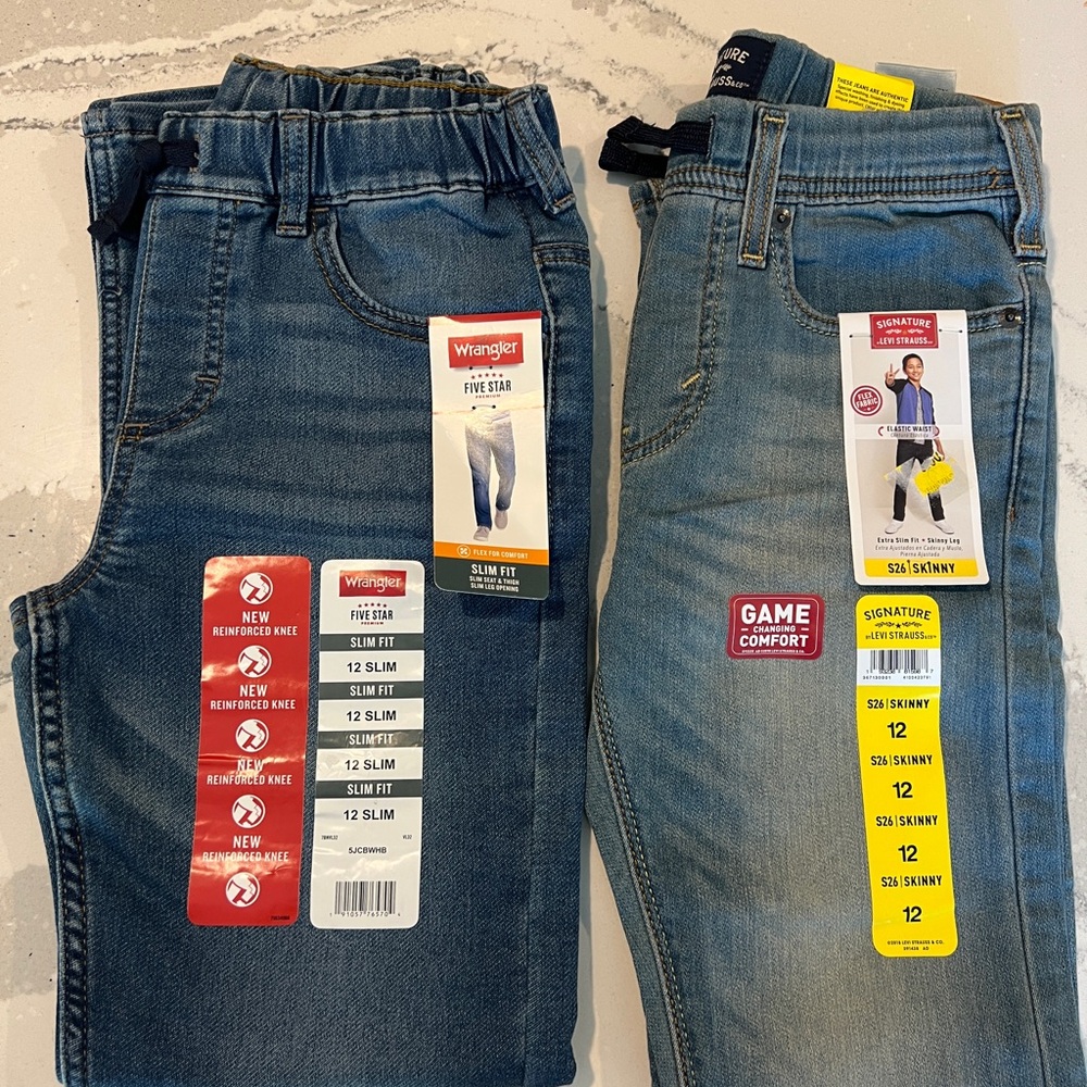 2 NWT Boy’s Slim Fit Blue Jeans - Levi’s & Wrangler